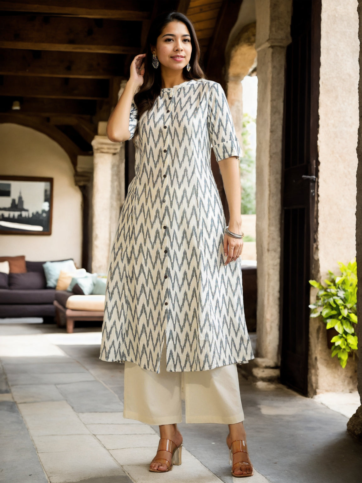 White Floral Block Print A-Line Kurta - view 1