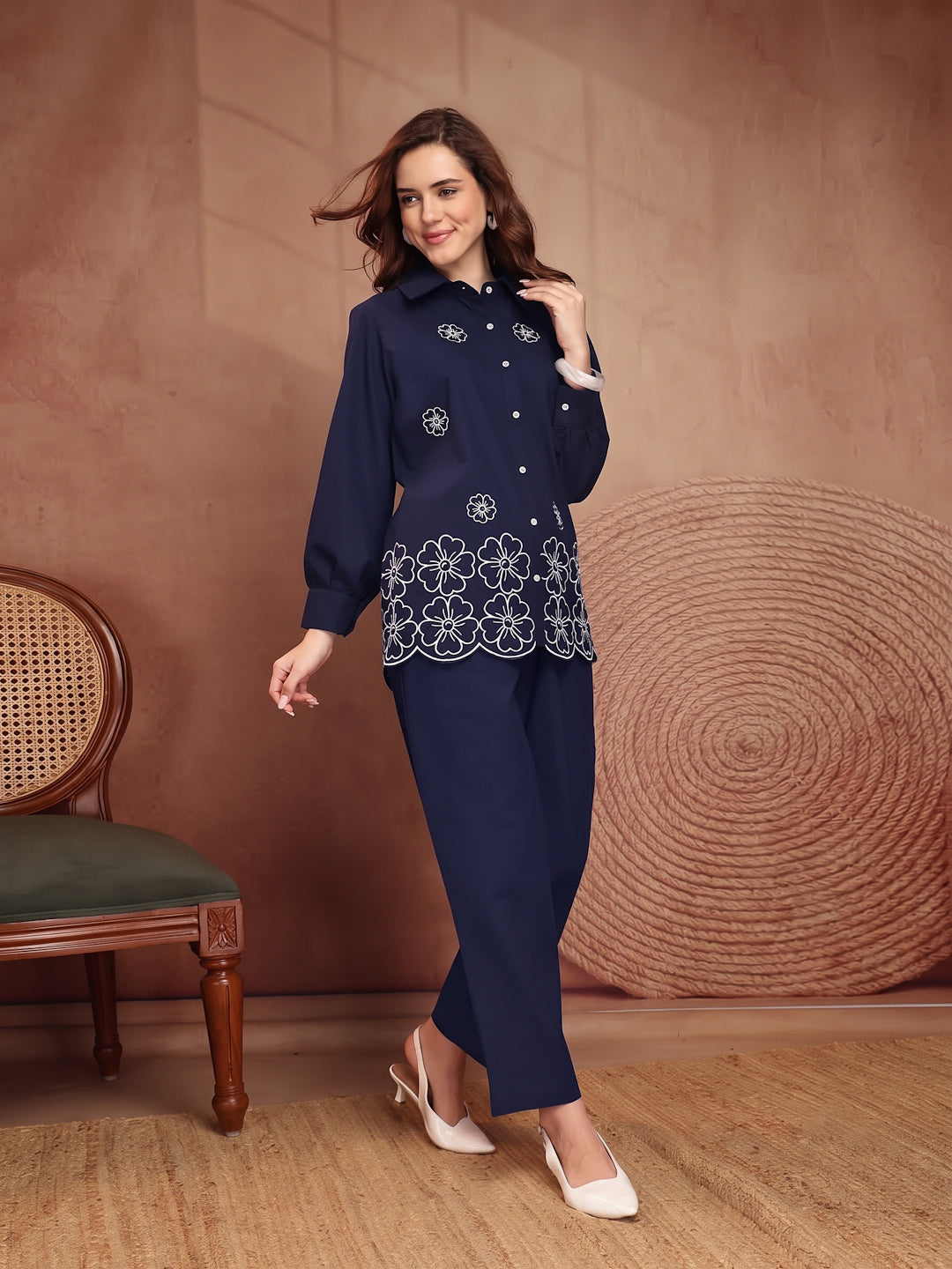 Navy Blue Floral Embroidered Linen Co-Ord Set - view 3