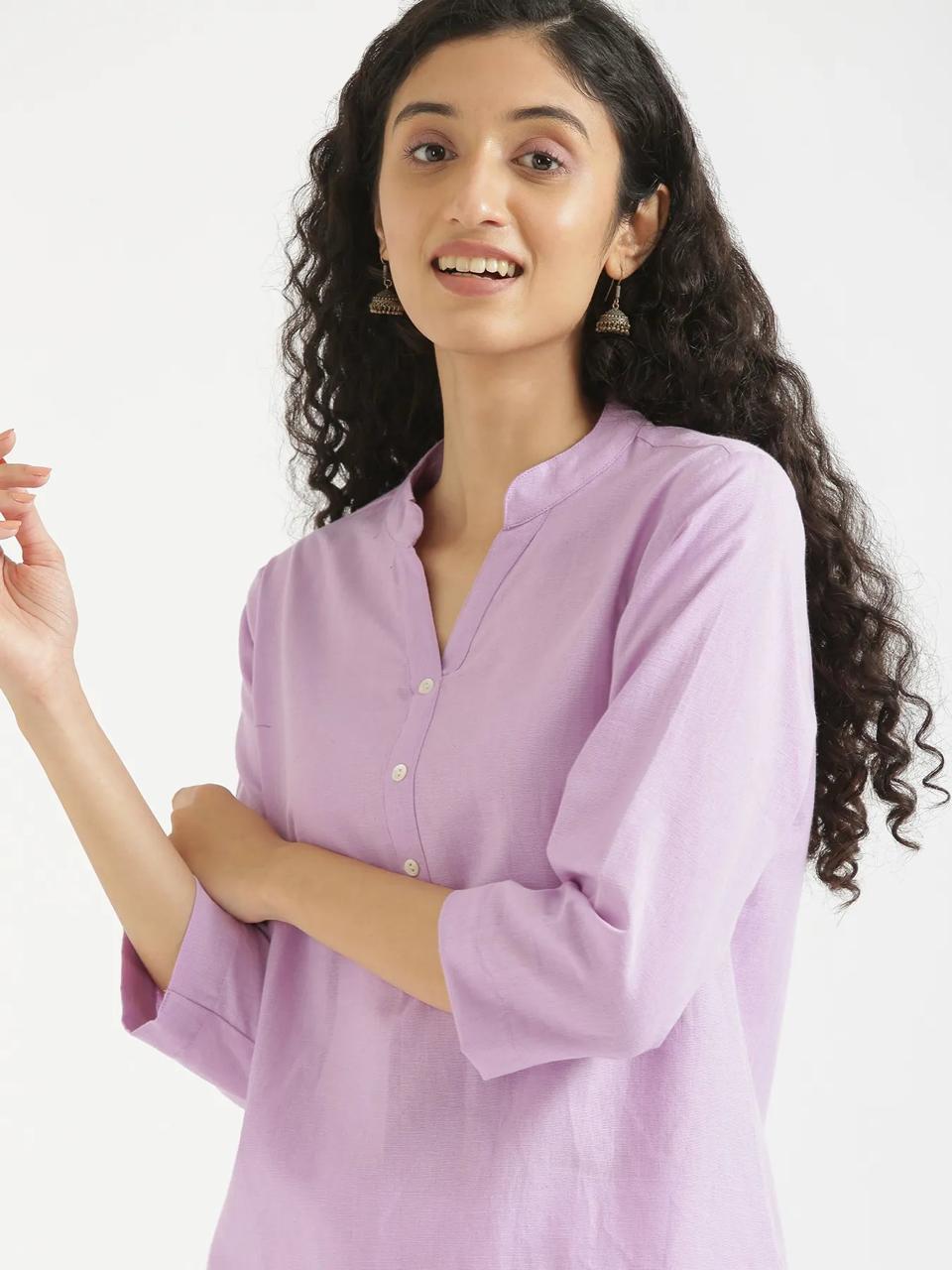 Lilac Mandarin Collar Cotton Short Kurti - view 1