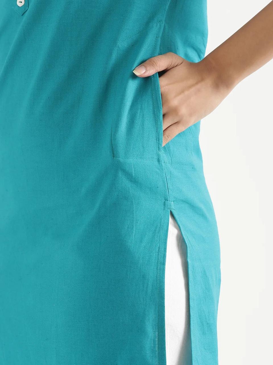 Teal Mandarin Collar Pure Cotton Kurta - view 5