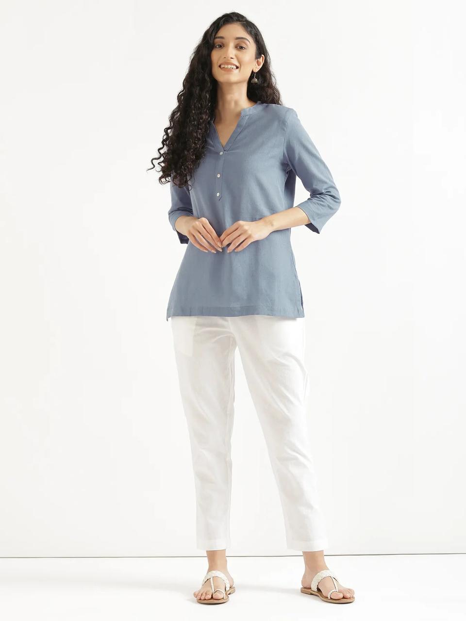 English Blue Mandarin Collar Cotton Short Kurti - view 2