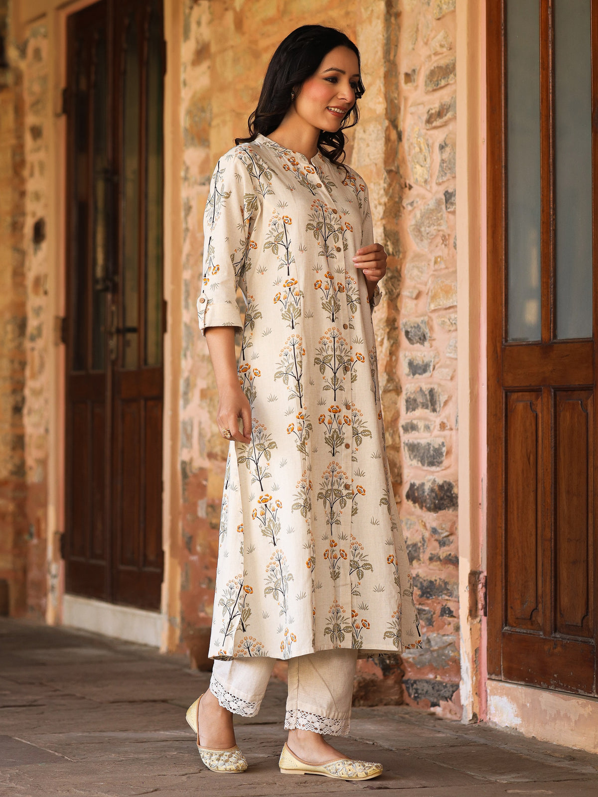 Mustard Floral Print A-Line Cotton Kurta - view 3