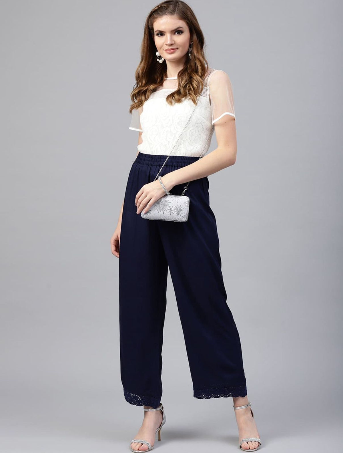 Navy Blue Lace Detail Palazzo Pants for Women - view 1