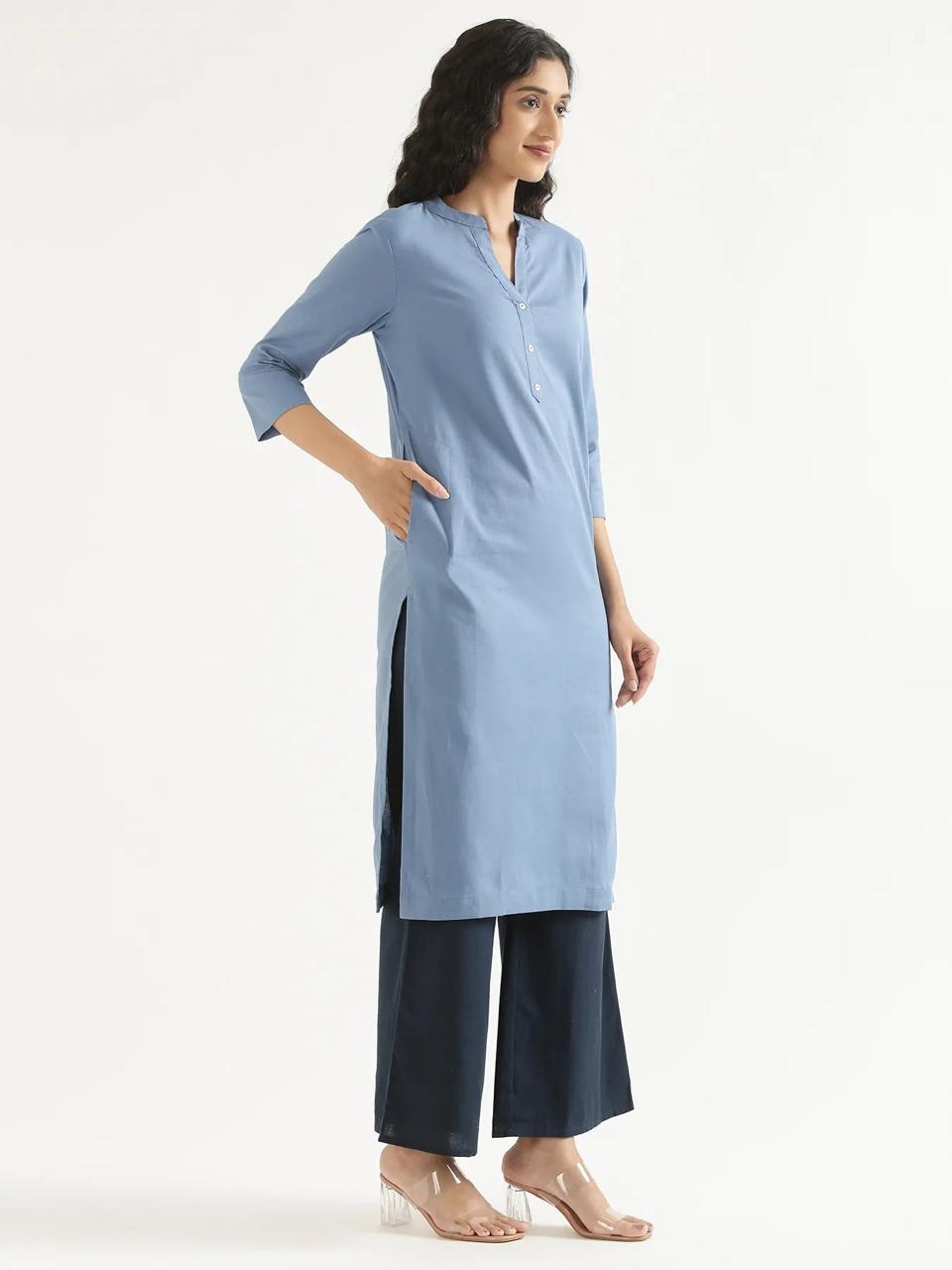 English Blue Mandarin Collar Pure Cotton Kurta - view 2