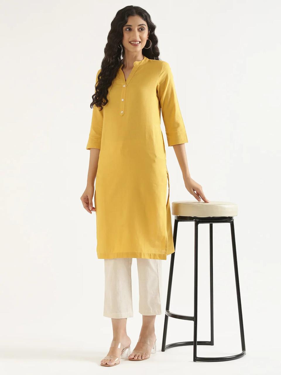 Yellow Mandarin Collar Pure Cotton Kurta - view 1