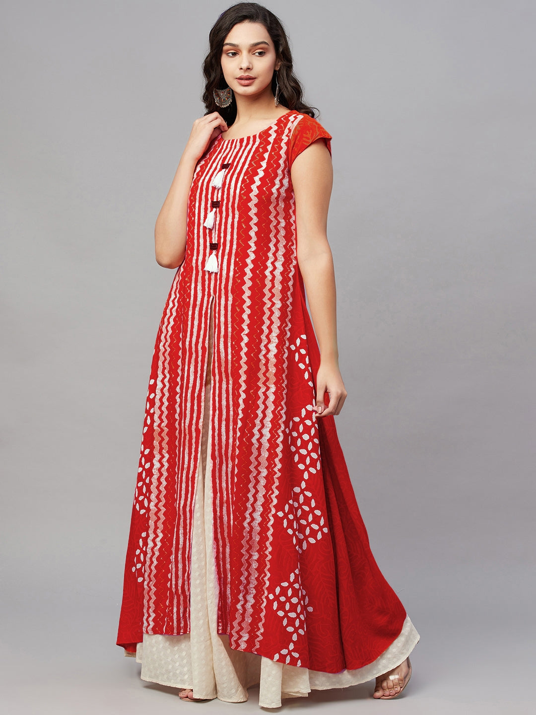 Red Printed Flared Gown with Inner - view 3
