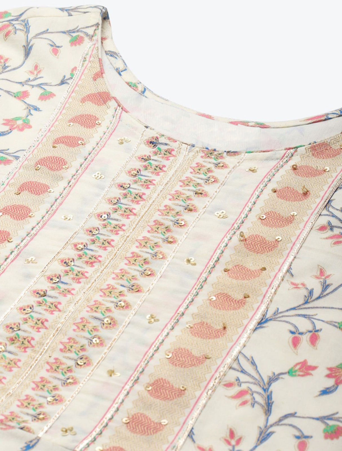 Cream Floral Printed Sequinned Cotton Kurta Set - view 6