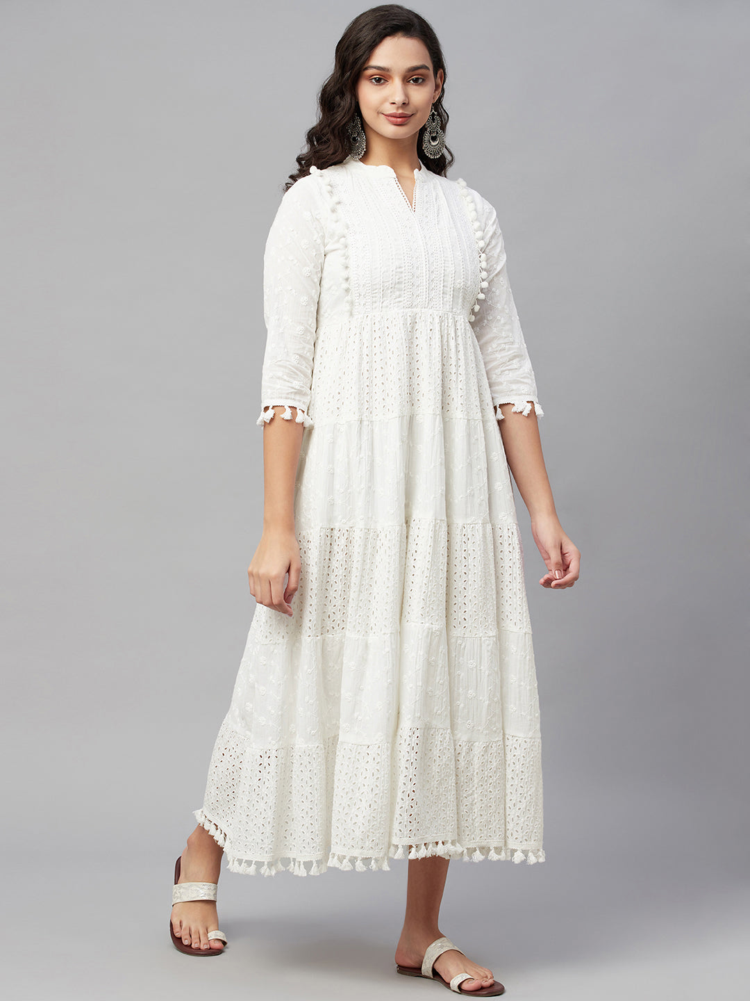 White Schiffli Embroidered Flared Gown for Women - view 3
