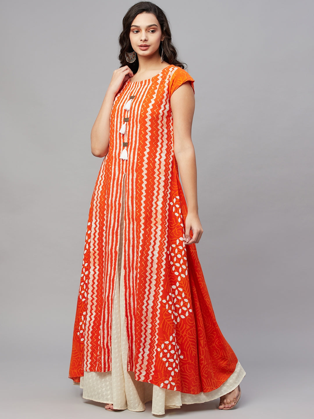 Orange Printed Flared Gown with Inner - view 3