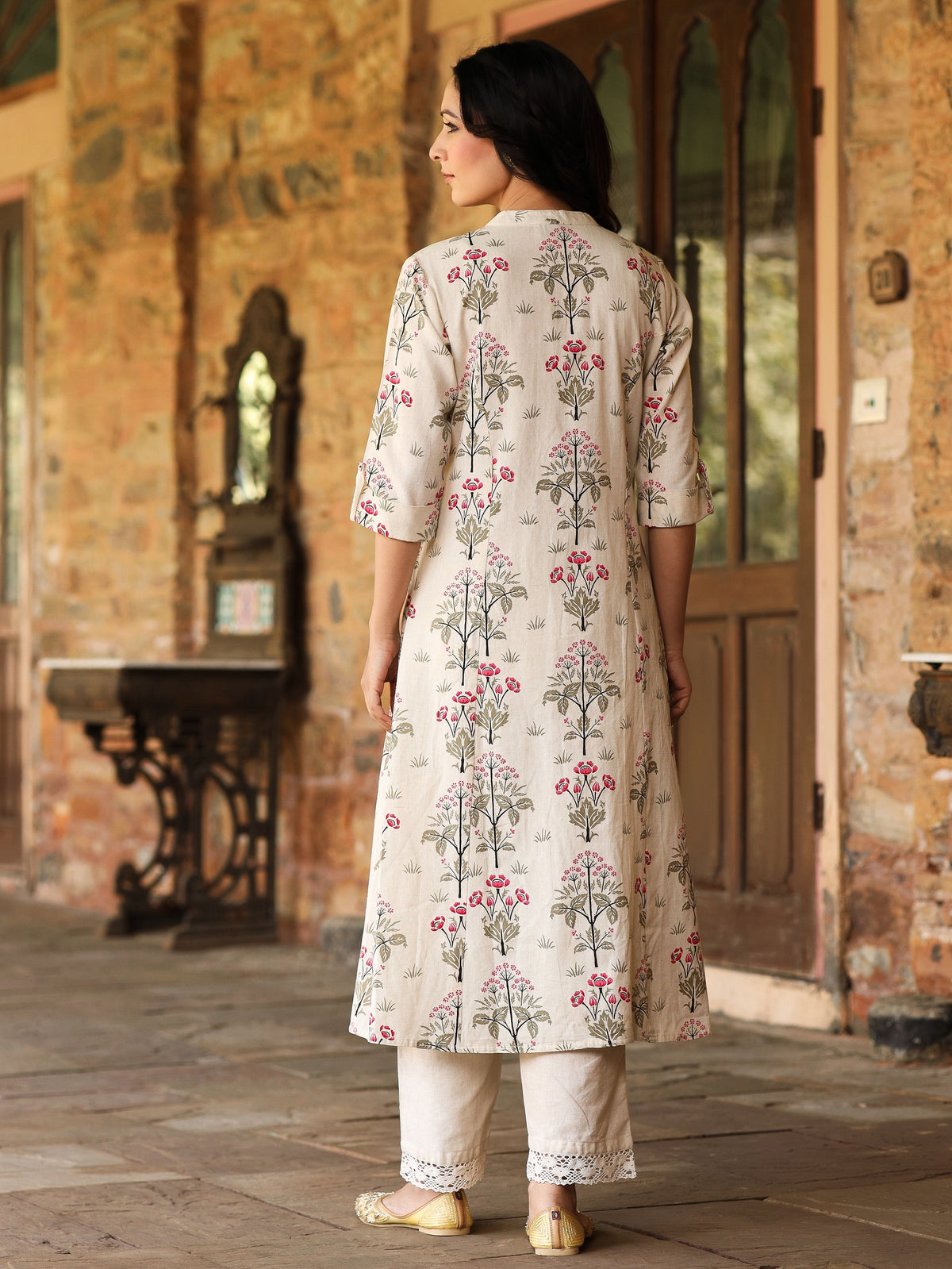 Pink Floral Print A-Line Cotton Kurta - view 6