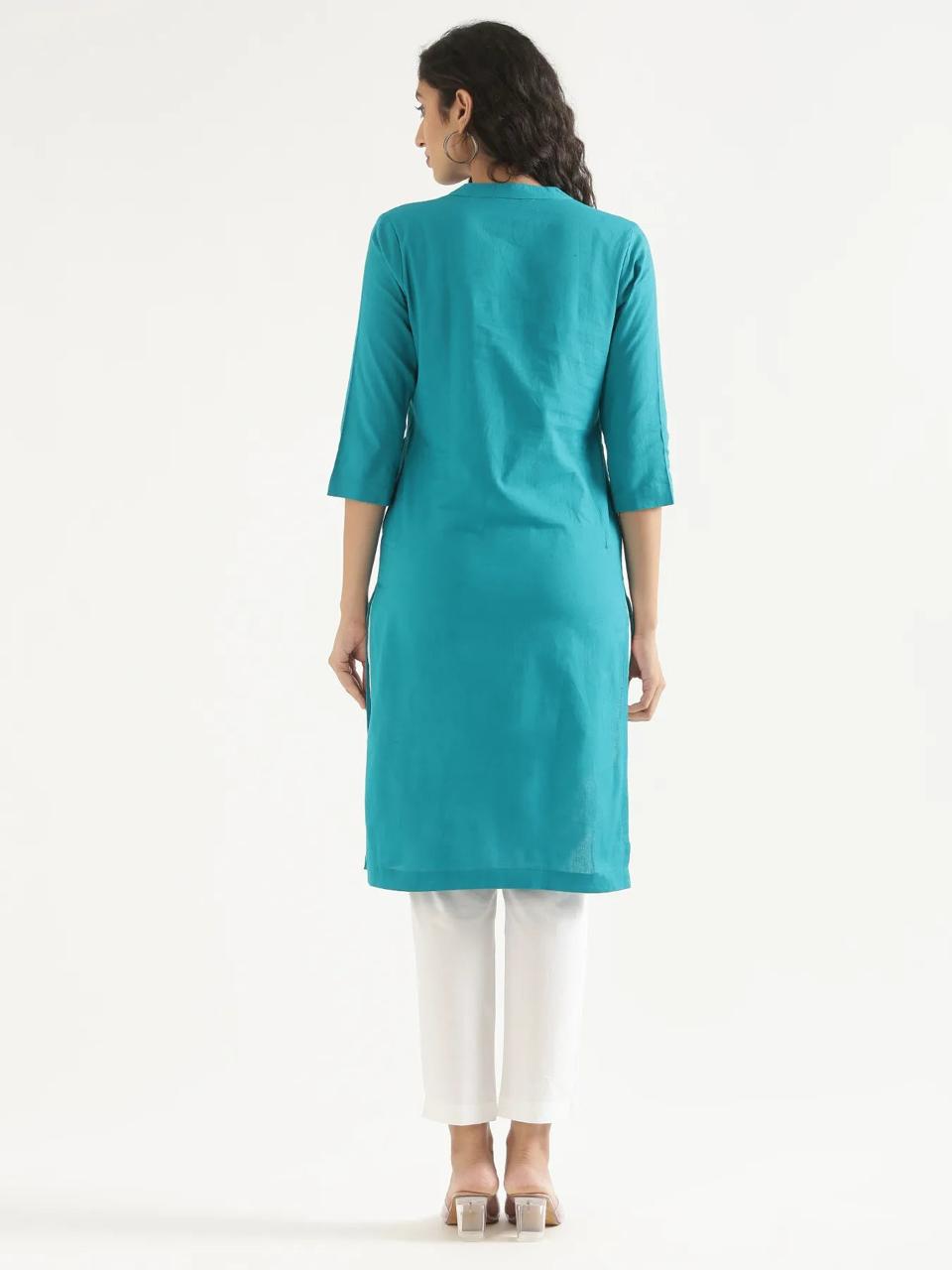 Teal Mandarin Collar Pure Cotton Kurta - view 3