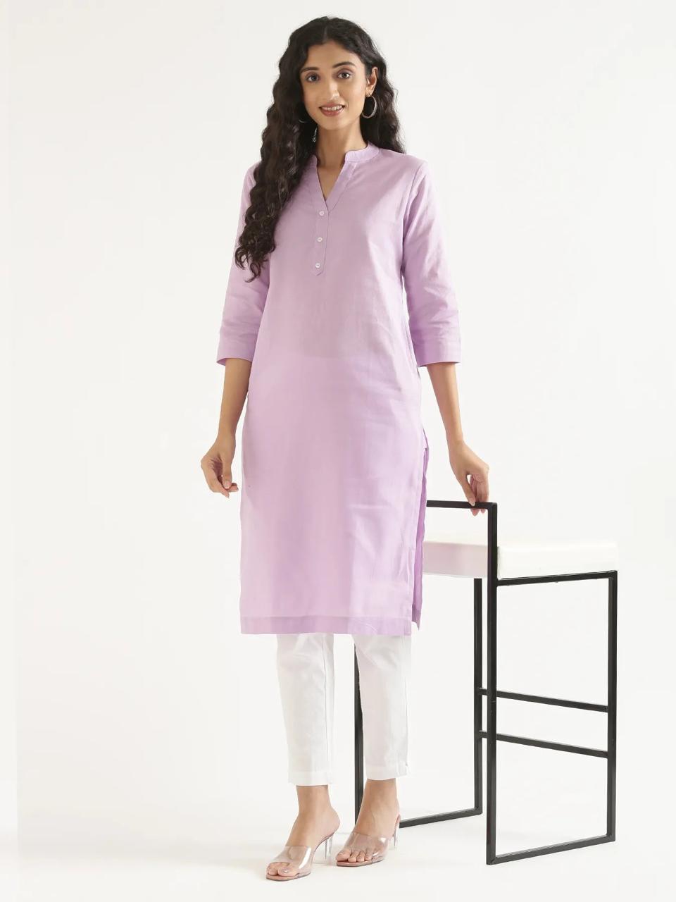 Lilac Mandarin Collar Pure Cotton Kurta - view 1