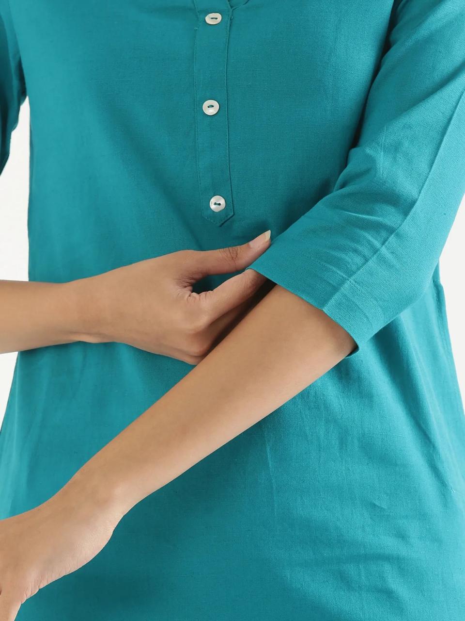 Teal Mandarin Collar Pure Cotton Kurta - view 6