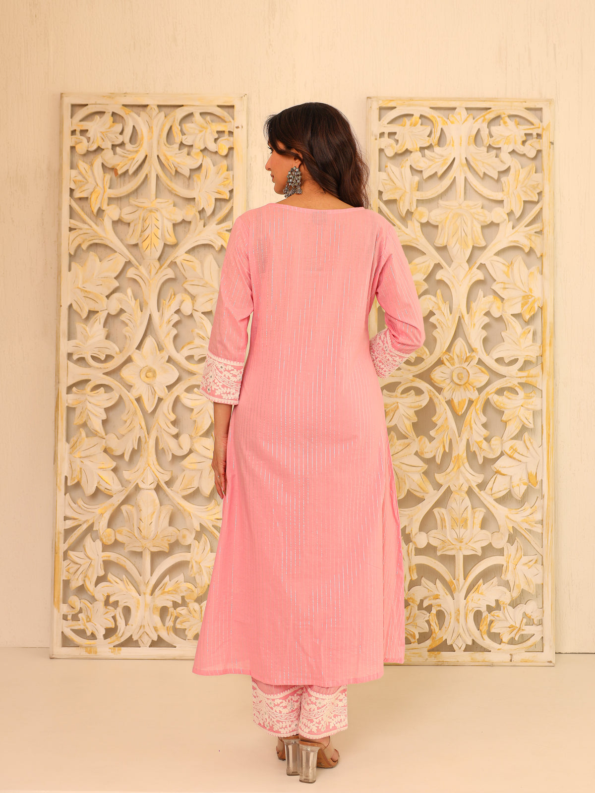 Pink Floral Yoke Pure Cotton Kurta with Trousers - view 4