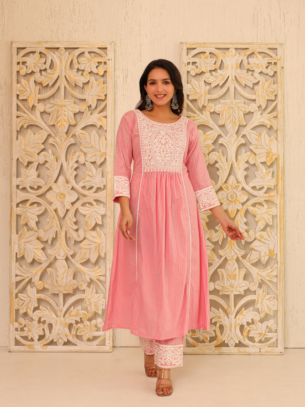 Pink Floral Yoke Pure Cotton Kurta with Trousers - view 2