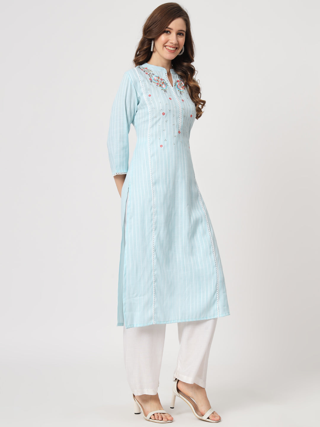 Sky Blue Embroidered Viscose Straight Kurta - view 4
