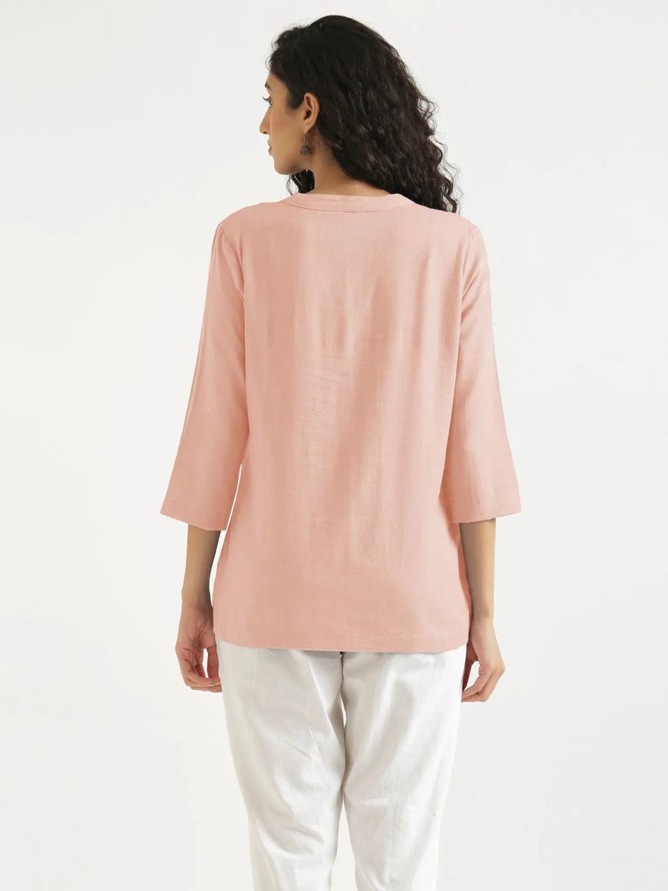 Salmon Pink Mandarin Collar Cotton Short Kurti - view 3