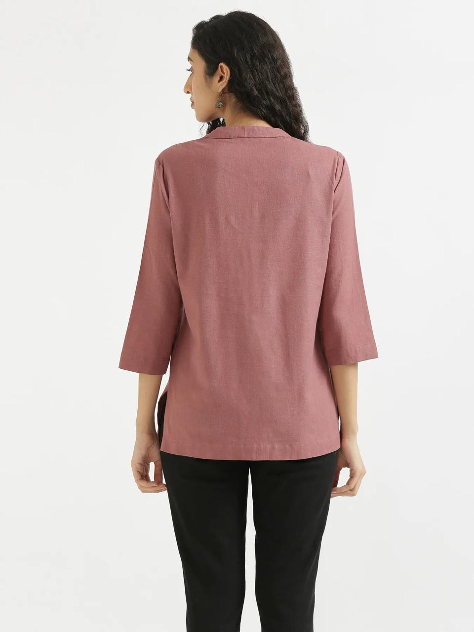 Rose Taupe Mandarin Collar Cotton Short Kurti - view 5