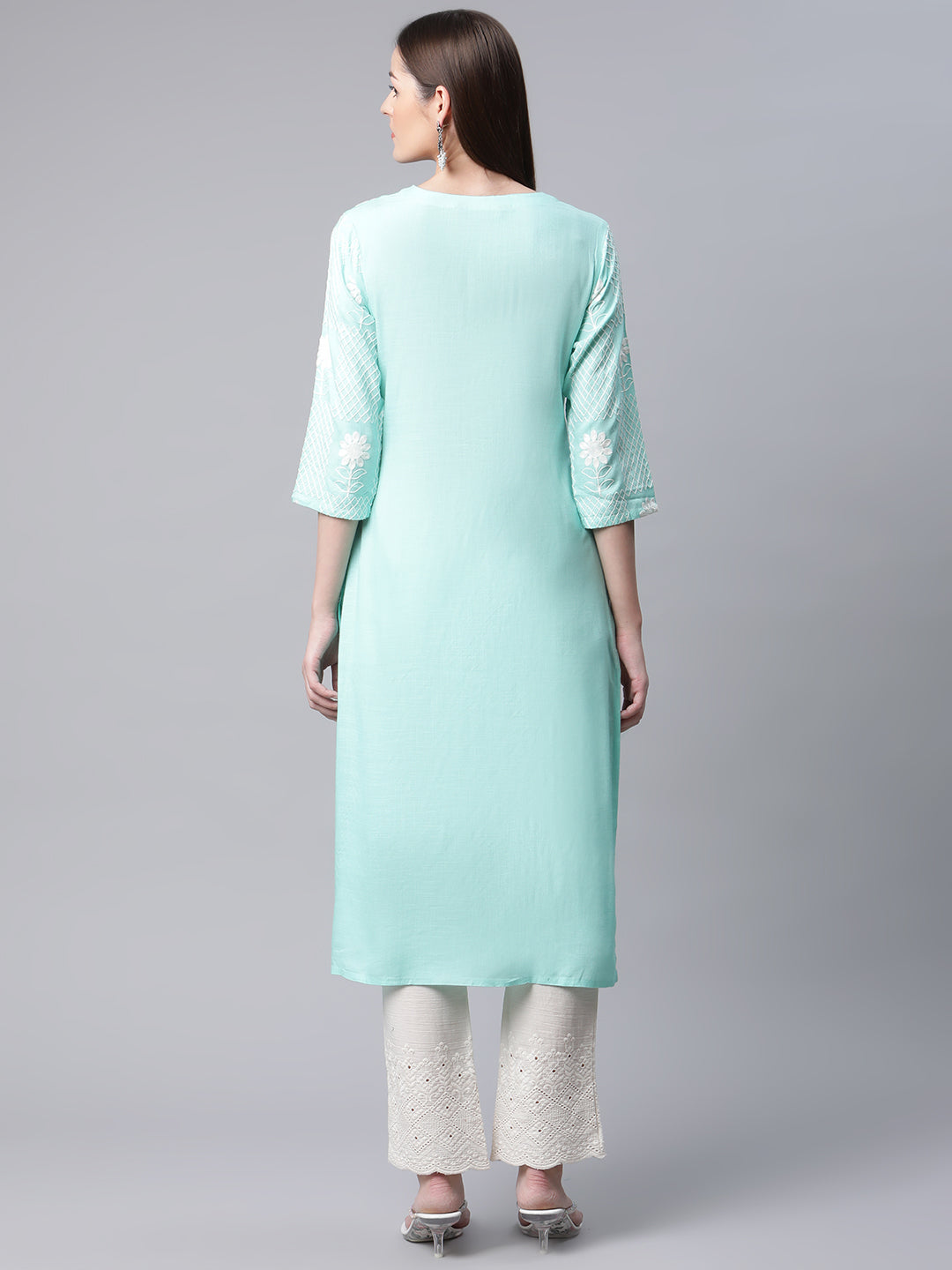 Women's Turquoise Blue Floral Kurta - view 4