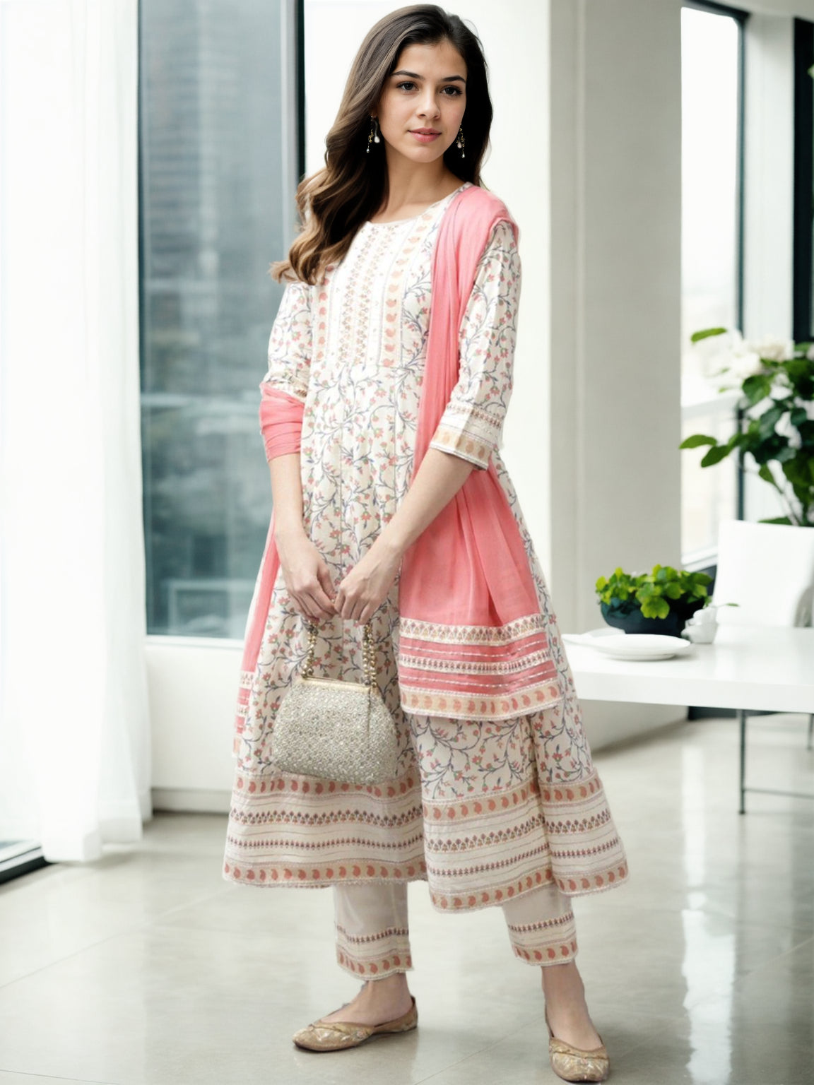 Cream Floral Printed Sequinned Cotton Kurta Set - view 1