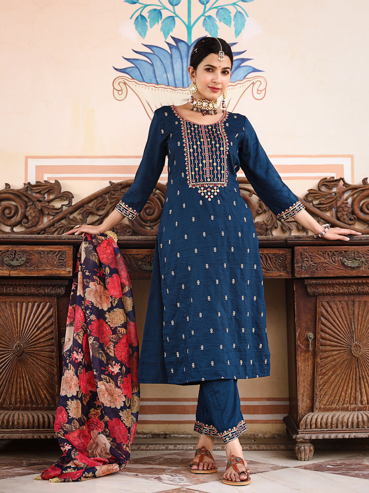 Blue Silk Blend Sequin Embroidered Kurta Set - view 3