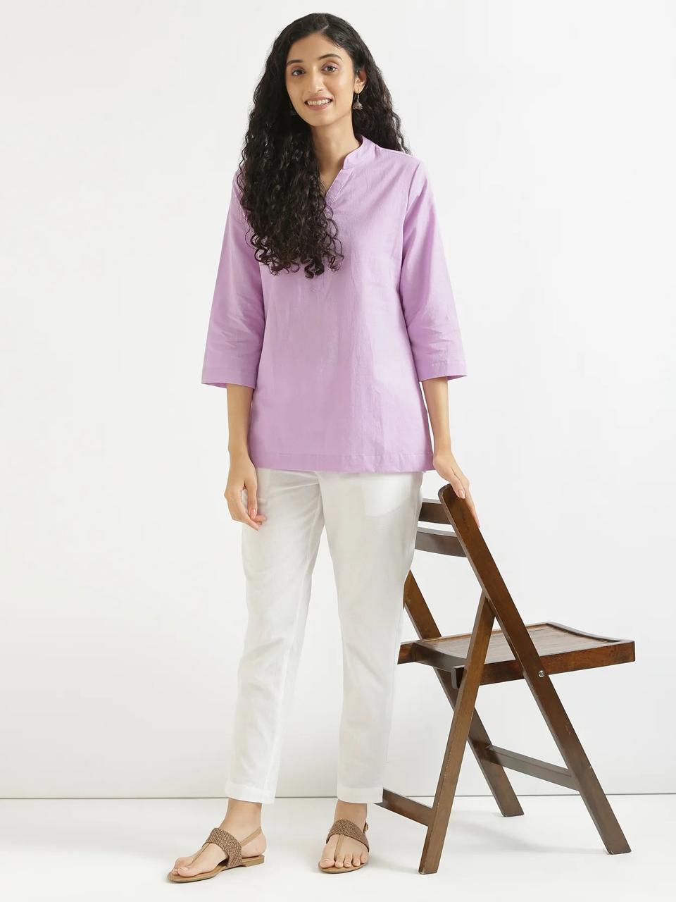 Lilac Mandarin Collar Cotton Short Kurti - view 3