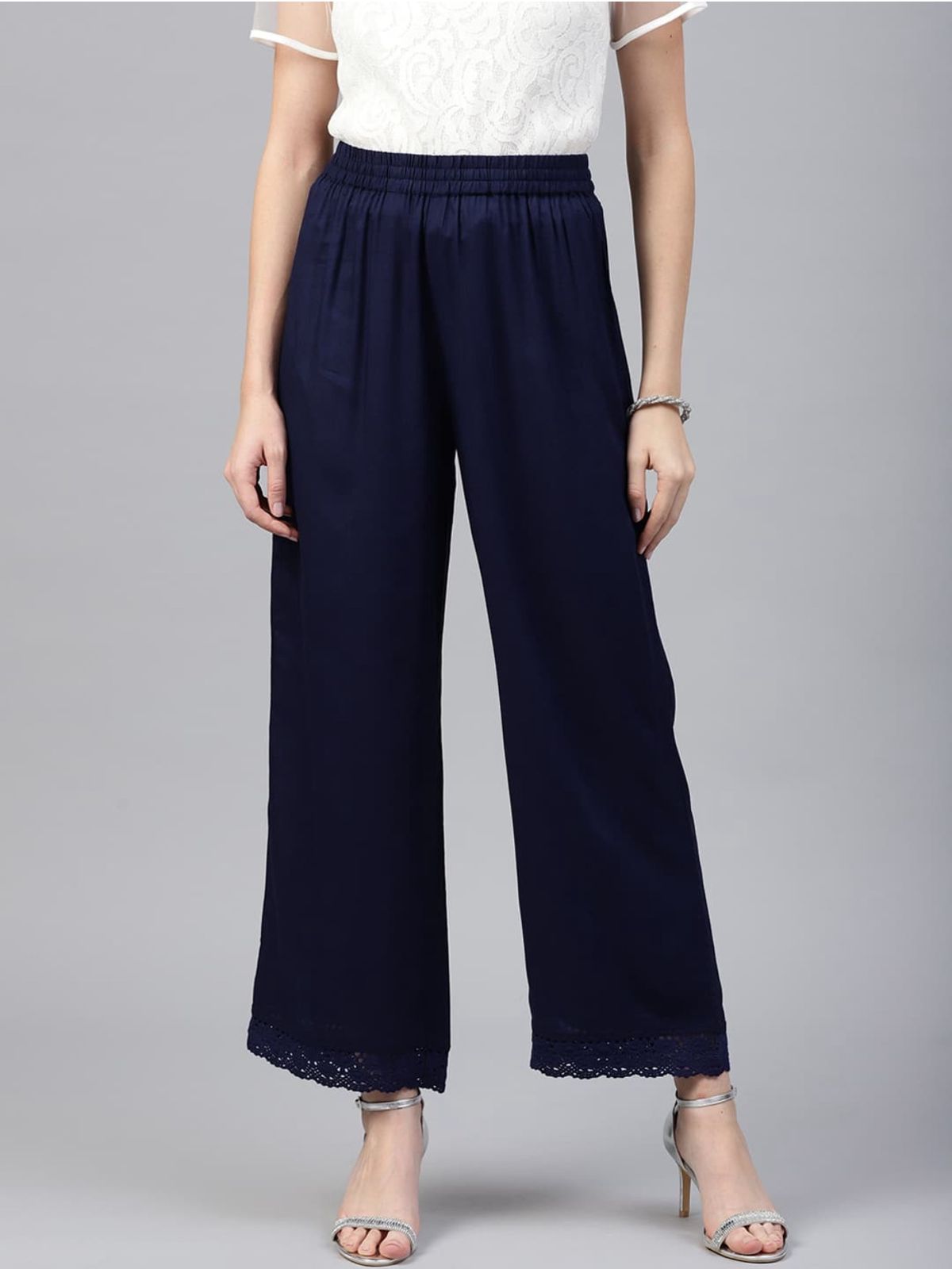 Navy Blue Lace Detail Palazzo Pants for Women - view 2