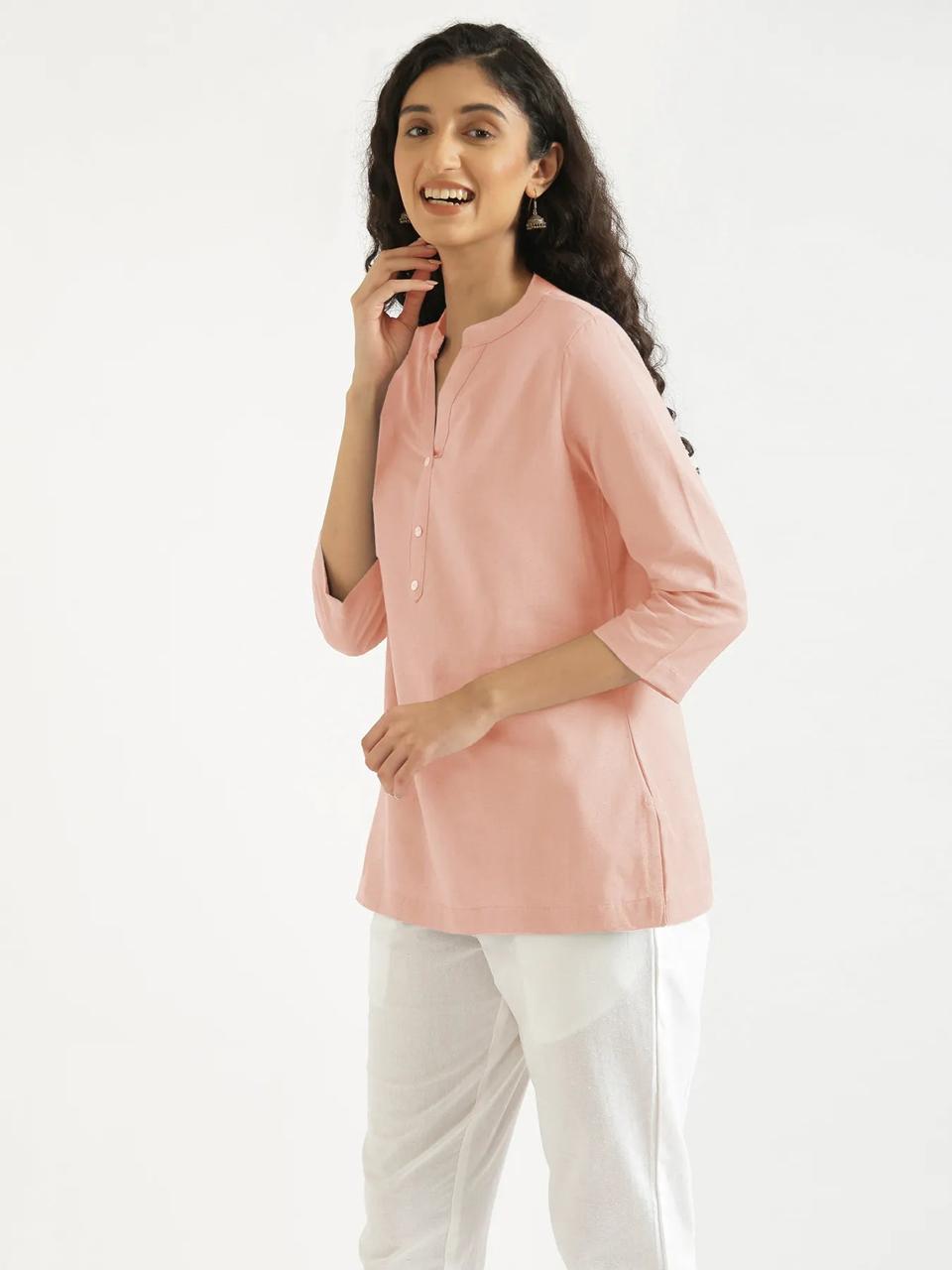 Salmon Pink Mandarin Collar Cotton Short Kurti - view 2