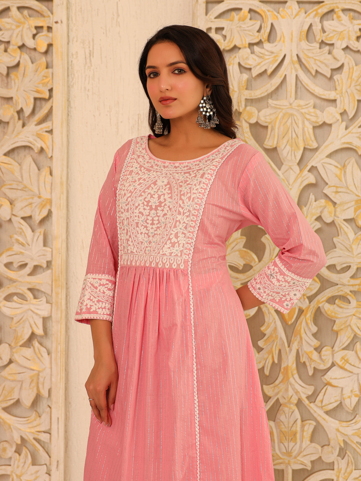 Pink Floral Yoke Pure Cotton Kurta with Trousers - view 3