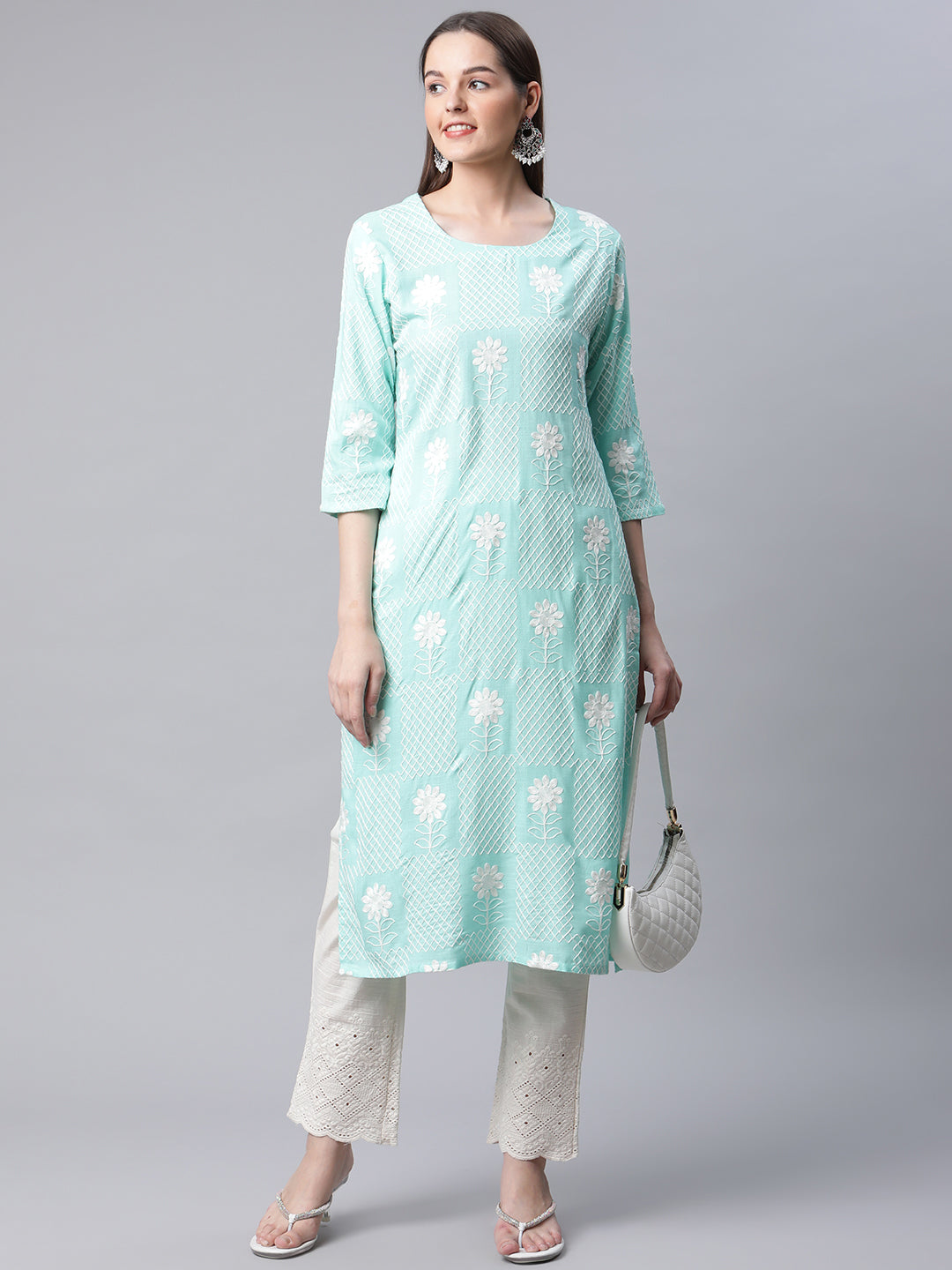 Women's Turquoise Blue Floral Kurta - view 5