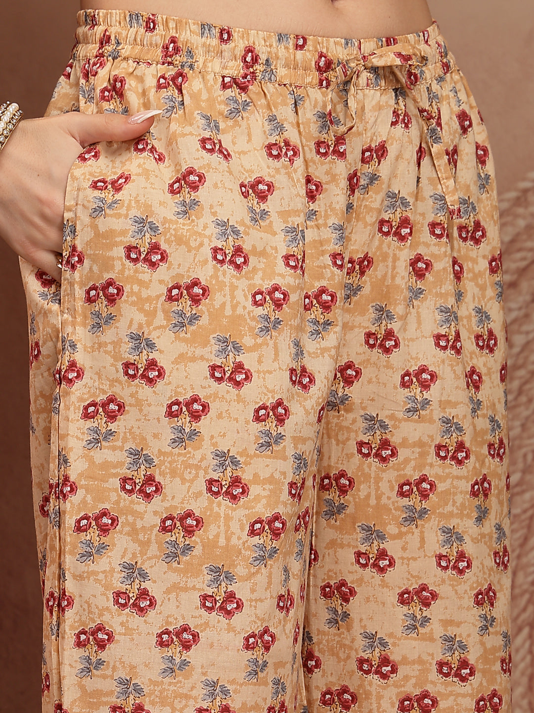 Peach Floral Print Anarkali Kurta Pant Dupatta Set - view 6
