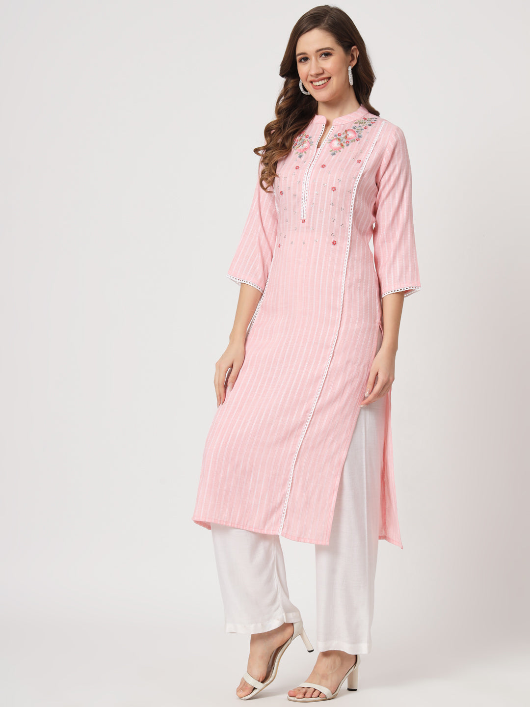 Baby Pink Embroidered Viscose Straight Kurta - view 2