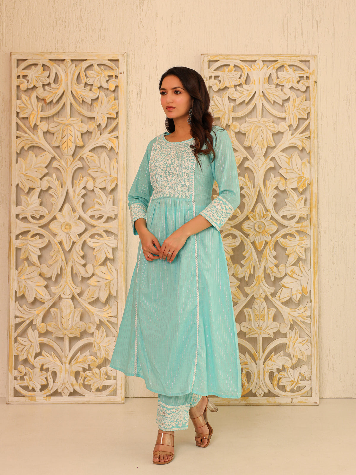 Turquoise Pleated Yoke Cotton Kurta with Trousers - view 3