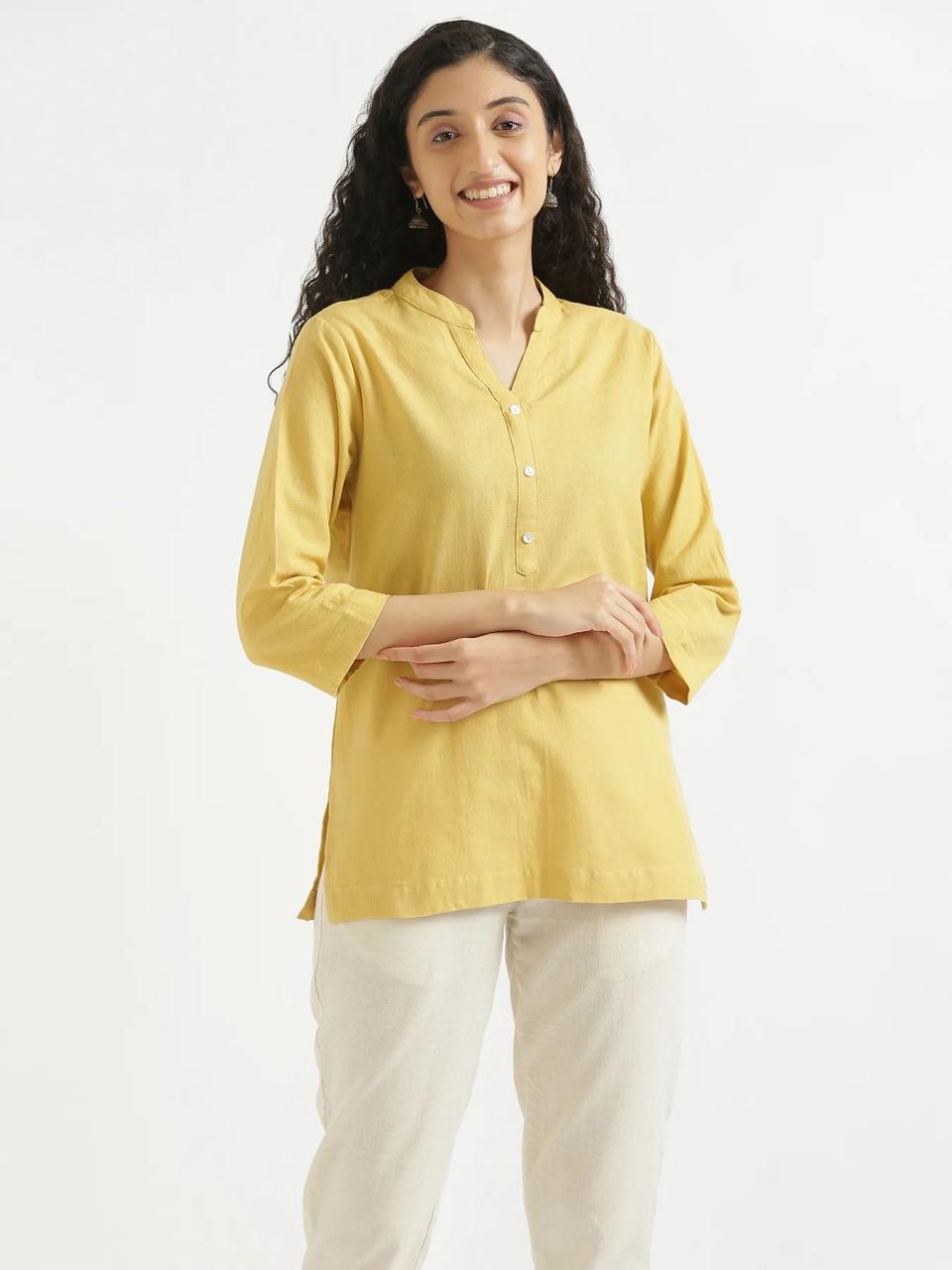 Yellow Mandarin Collar Cotton Short Kurti - view 1