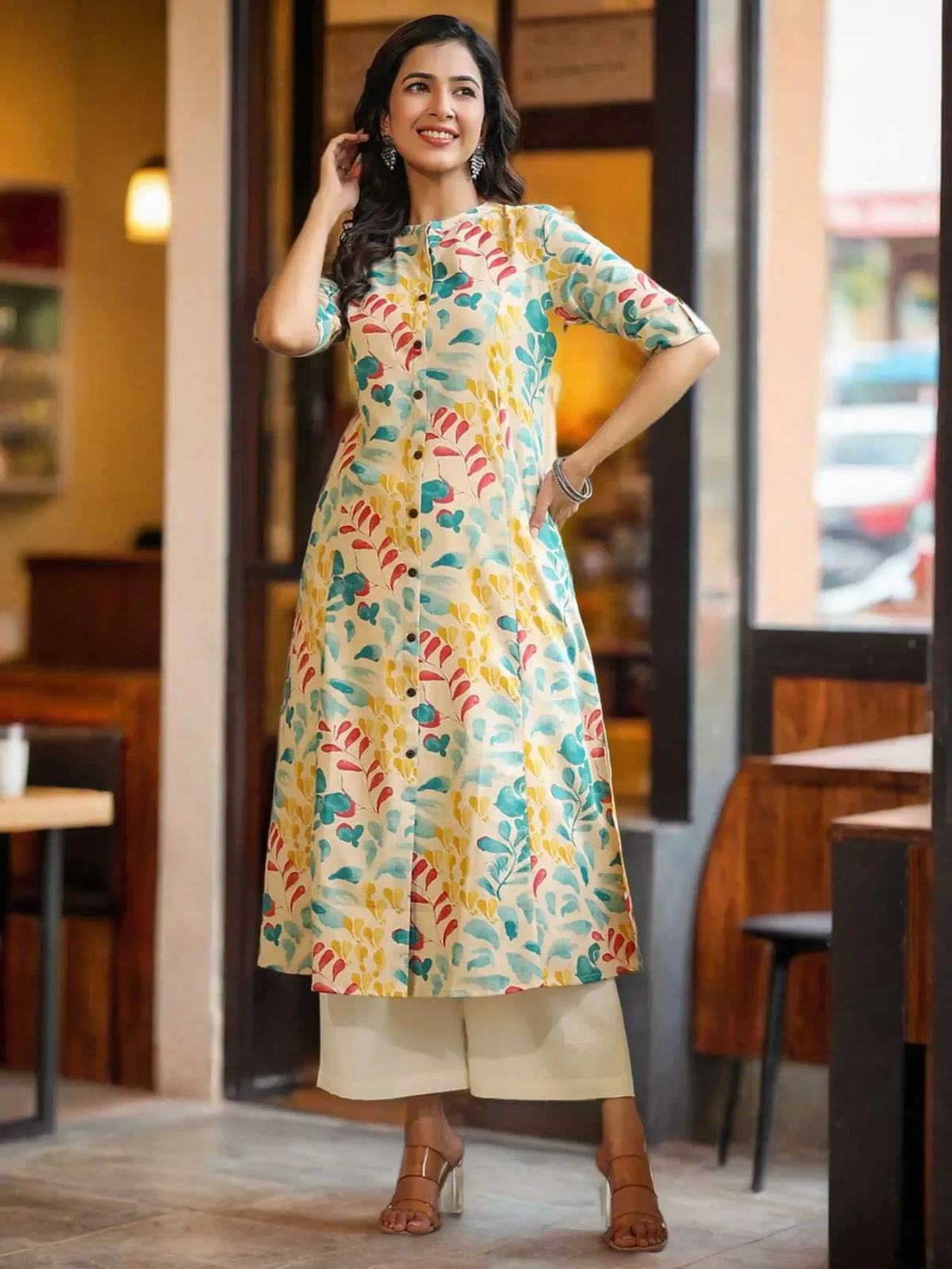 Beige Floral Block Print A-Line Kurta - view 1
