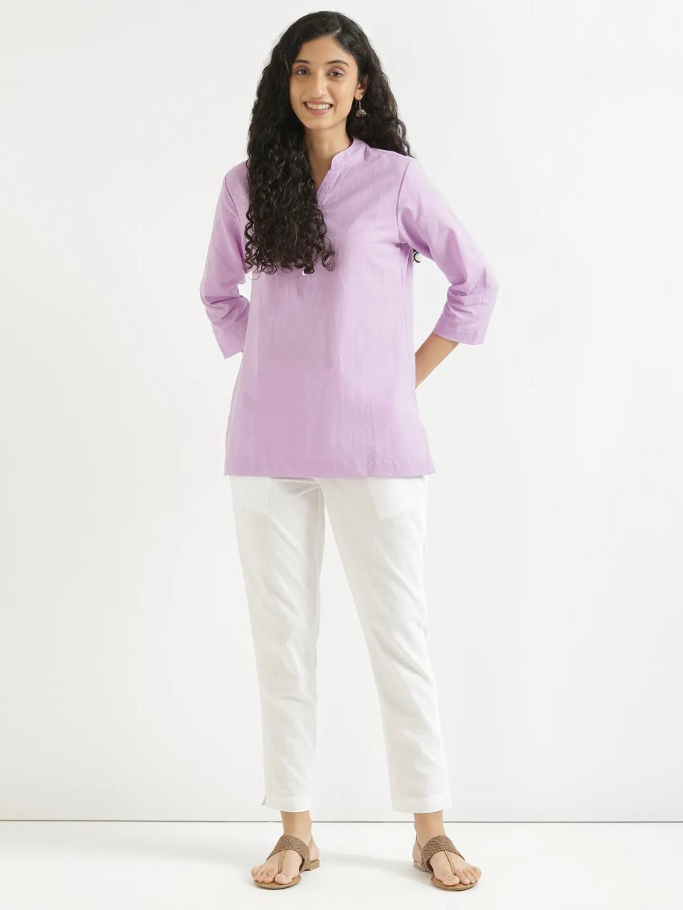 Lilac Mandarin Collar Cotton Short Kurti - view 5